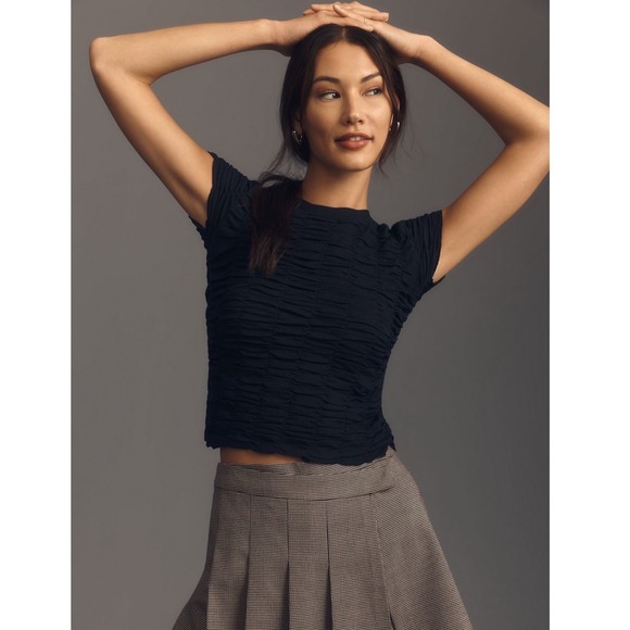 Anthropologie Tops - Anthropologie Ruched Baby Tee Black Textured Smocked Cropped Short Sleeve Top